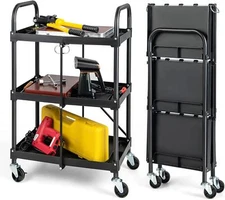 S AFSTAR 3-Tier Folding Tool Cart on Wheels, Rolling Tool Storage Organizer Cart