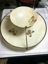 Superb Mid-Century Modern Vintage Chips & Dip Server Foil Threads & Butterflies