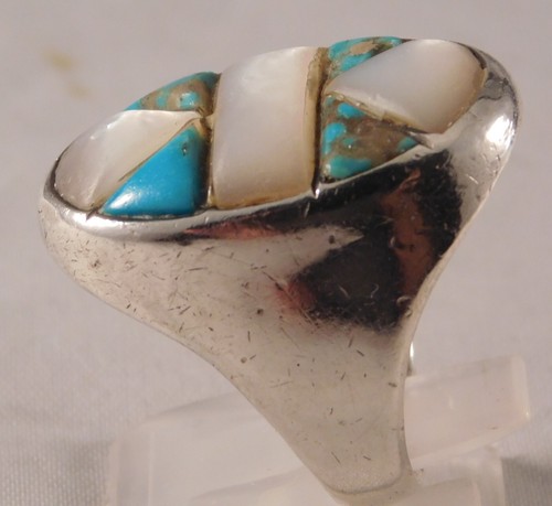 Native American Turquoise & MOP Vintage Sterling Silver Mens Ring....Size10.5 - Picture 4 of 9