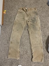 VTG Carhartt Double Knee Work Pants Tan Distressed Thrashed USA Size 32x34