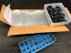 90+ each Kimax 24 X 140mm Test Tubes w/Racks & Rubber lids