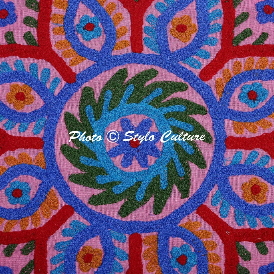 Indian Cotton Throw Pillow Pink 43x43 cm Suzani Floral Cushion Cover Throw - Image 3 of 4