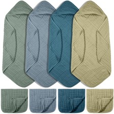 8 Pcs Muslin Hooded Towels, Washcloths, 32x32, D Green, D Blue, Cotton, Baby