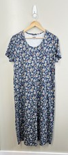 Lands End Floral Midi Dress Blue Stretch Short Sleeve L/T (14-16) Soft Cotton