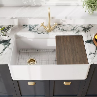 Nuie Fire Clay Kitchen Sink with Ledge, Grid & Cutting Board 33x19x10''
