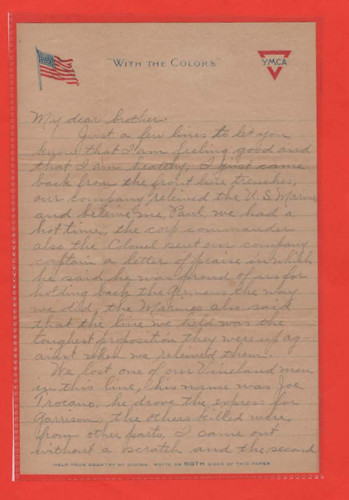 World War 1 GRAFFIC Front Line Letter RARE Relieved the U.S. Marines Tanscribed