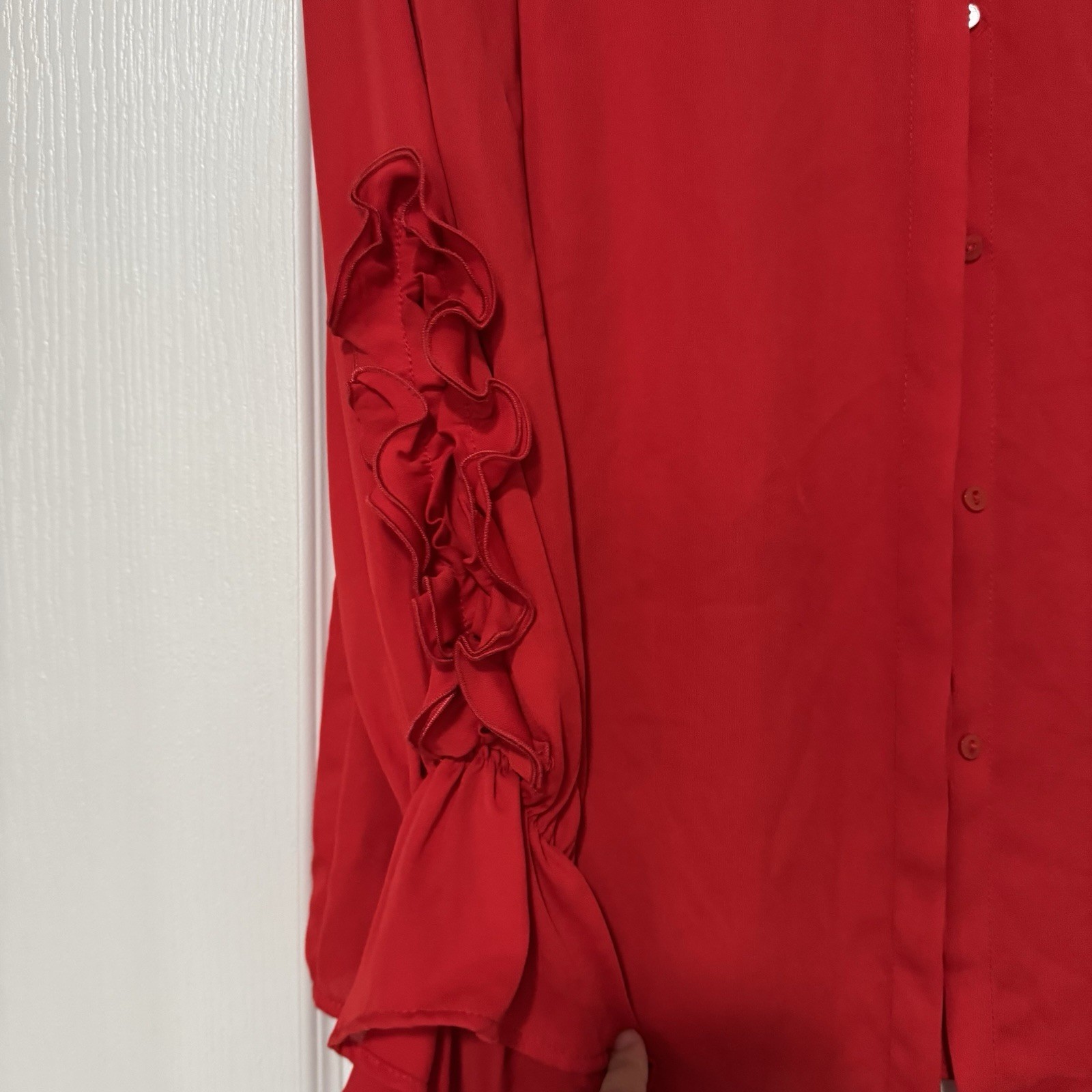 ZARA Basic Red Ruffle Sleeve Button Front Blouse … - image 2