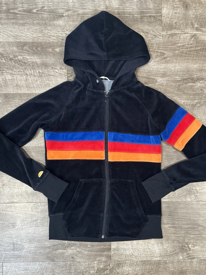 Moletom com capuz C&C California Y2K color block listra arco-íris veludo preto com zíper XS - Imagem 2 de 4