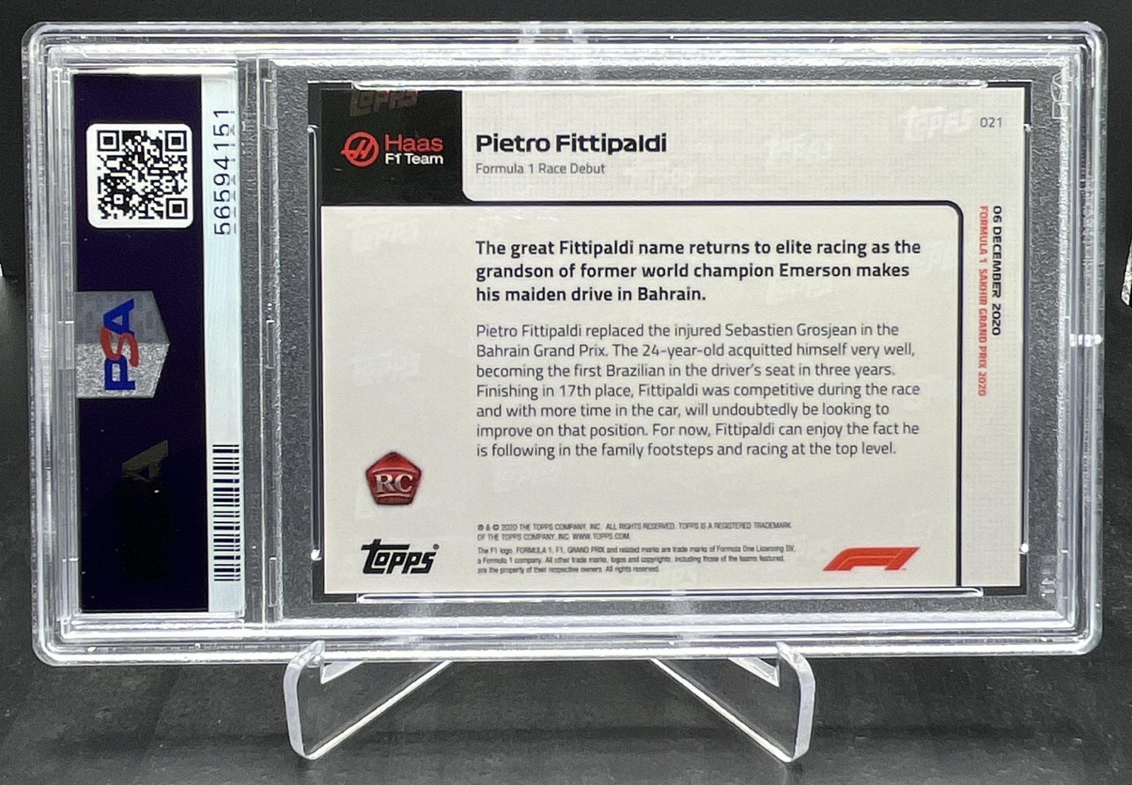 2020 Topps Now Formula 1 F1 Pietro Fittipaldi RC Rookie Race Debut PSA 10 #021 view 2
