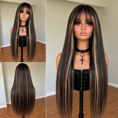 Cosplay Perücken With Bangs Long Straight Kunsthaar Gemischtes Braunblond Weich