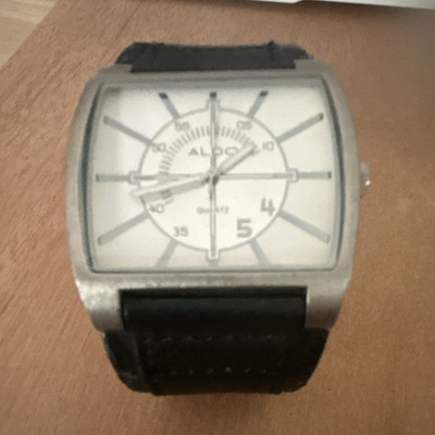 ALDO Men's Quartz Wristwatch Square Silver Case White Dial Black Leather Band