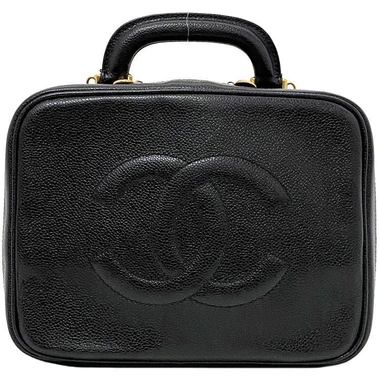 CHANEL Handbag Vanity Bag Black Gold Coco Mark A07061 Top Handle Rare Leather GP