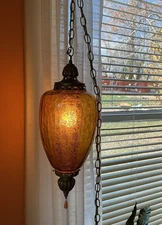 Vintage MCM Amber Crackle Glass Swag Lamp Light Pendant With Diffusser 1970s
