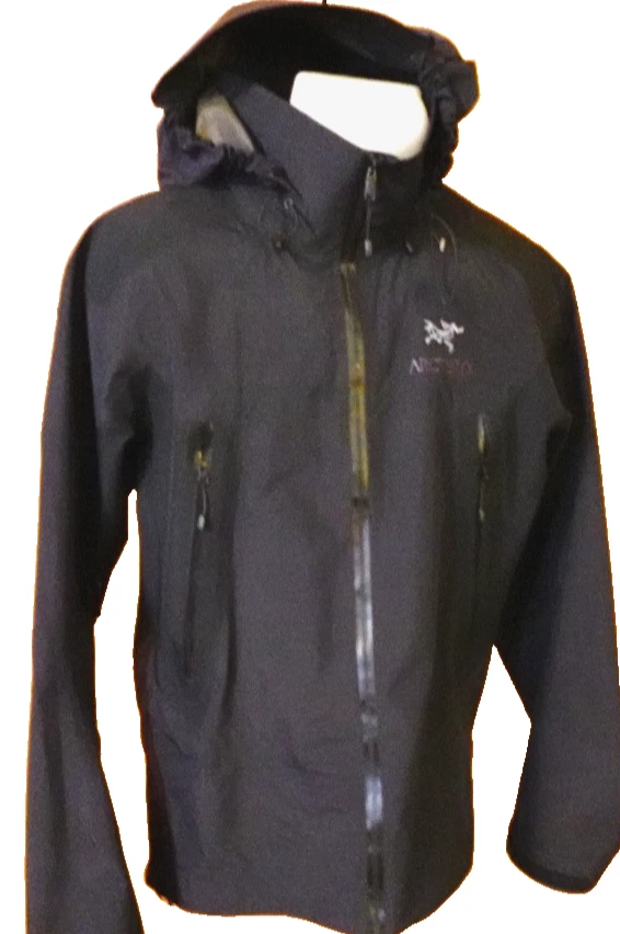 Arc'teryx Men’s beta Black Hooded Nylon Rain Coat Jacket Full zip Windbreaker~M image 3