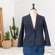 Ann Taylor Women's 12 Geo Check Ruffle Cuff One Button Blazer Jacket Navy Blue