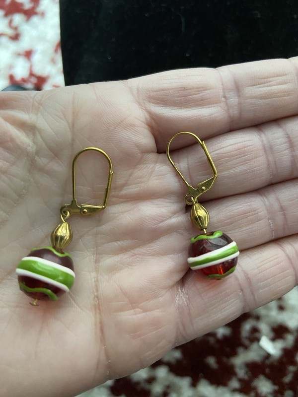 Artisan Art Glass Bead Drop Earrings Red, White, Green
