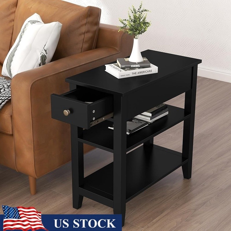 Narrow Side Table W/ Drawer Double Shelves Sturdy MDF Easy A