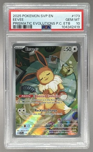 104342419 Eevee 2025 Pokemon Prismatic Evolutions Center ETB Promo #173 PSA 10