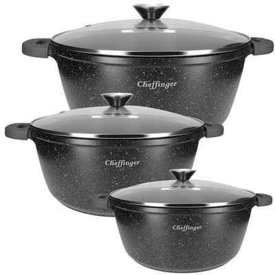 3er Set Töpfe 20/24/28 cm mit Marmor beschichtet, Deckel und Griffe