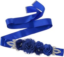 Huralona Sash Belt 106 Inch Satin Ribbon with Handmade Flowers Pearls Rhinestone