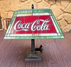 Rare Vintage 21” Large Coca Cola Genuine Stained Glass Lamp w/ Metal Base