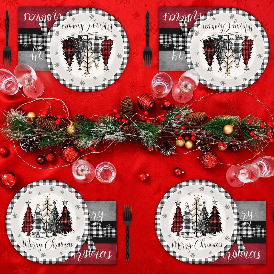 200 PCS Christmas Party Plates Napkins Farmhouse Tableware Set Buffalo Plaid ... - Image 4 of 4