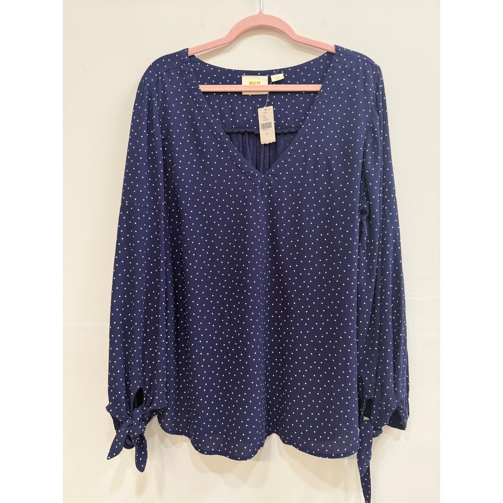 Maeve Blouse Large Navy Polka Dot V-Neck Lace Trim Tie Sleeve Rayon Top