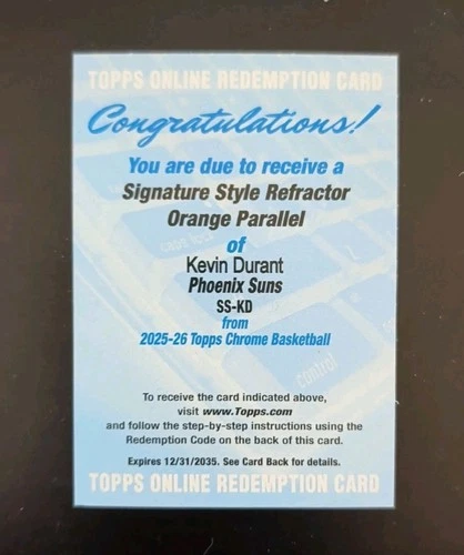 Kevin Durant 2025-26 TOPPS CHROME SIGNATURE STYLE ORANGE #/25 Redemption
