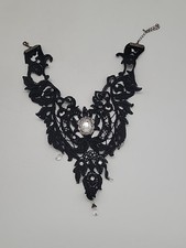 Black Lace Rhinestone Necklace Victorian Style Goth Choker Collar Statement Vtg 