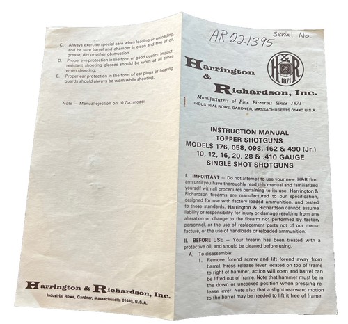 H&R Harrington Richardson Topper Fucili Manuale Istruzioni M-176 058 098 162++ - Foto 2 di 2