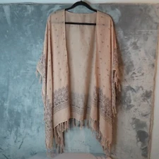 JEONGSOOK OH Wrap Kimono Blush Pink Gray Paisley Fringe Boho Festival 29x45"