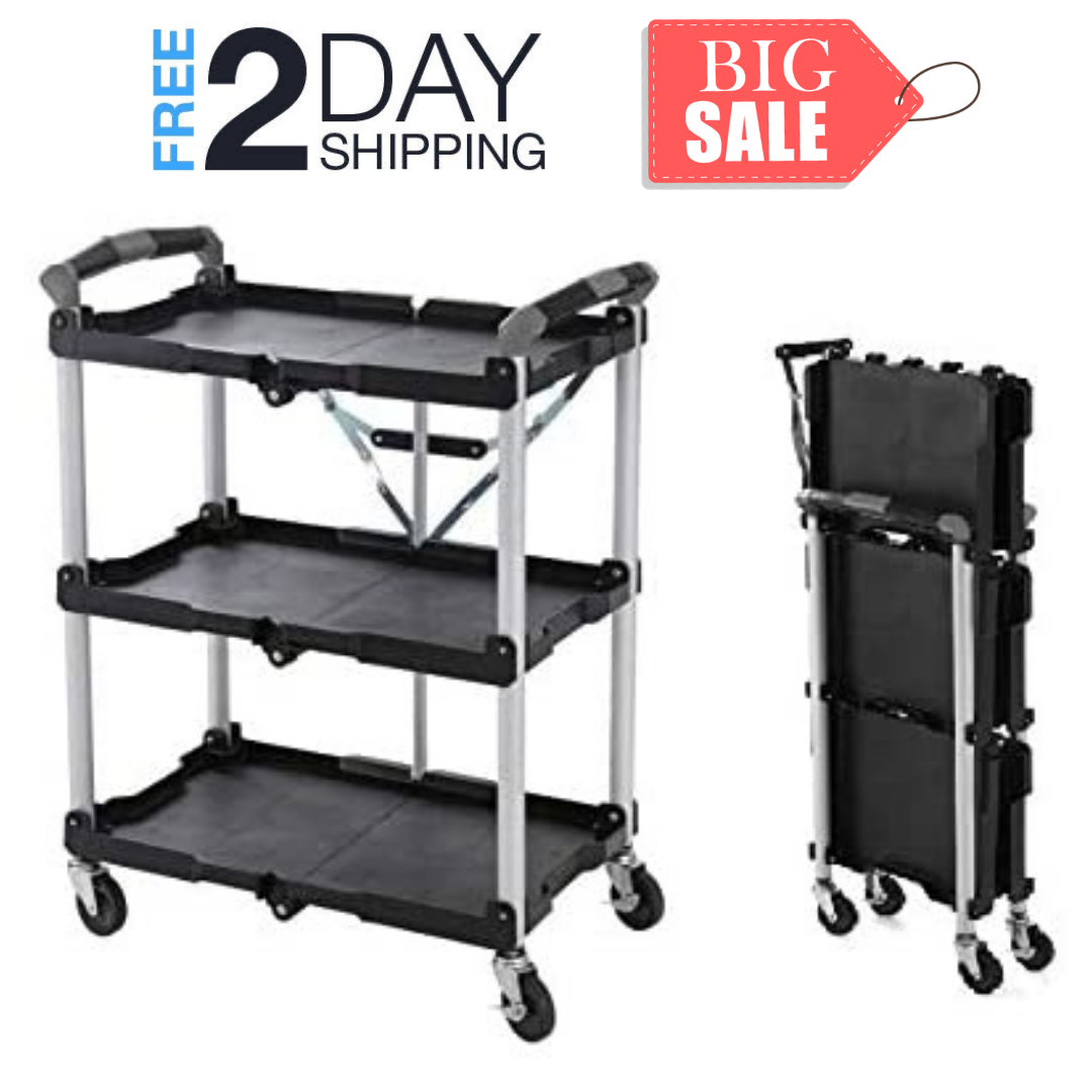 3-Shelf Pack-N-Roll Folding Collapsible Service Cart Storage Org
