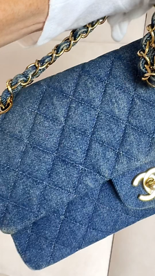 Chanel 1998 Vintage Blue Denim Medium Classic Double Flap Bag 24k