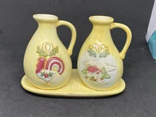 Vtg. Russ oil and vinegar bottles on tray yellow ( see description).