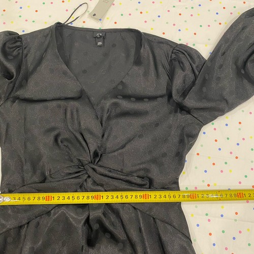 River Island Dress Womens Size 12 Black Satin Polka Dot Party V-Neck 3/4 Sleeve - Picture 7 of 14