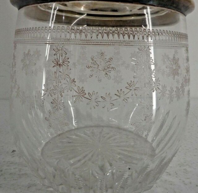 Antique Etched Glass Biscuit Barrel Silver Plated Lid With Handle FloralDesignB4