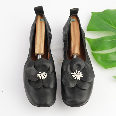 Tory Burch Womens Flower Scrunch Flat Size 10 Black Leather Ballet Shoe  Slip On