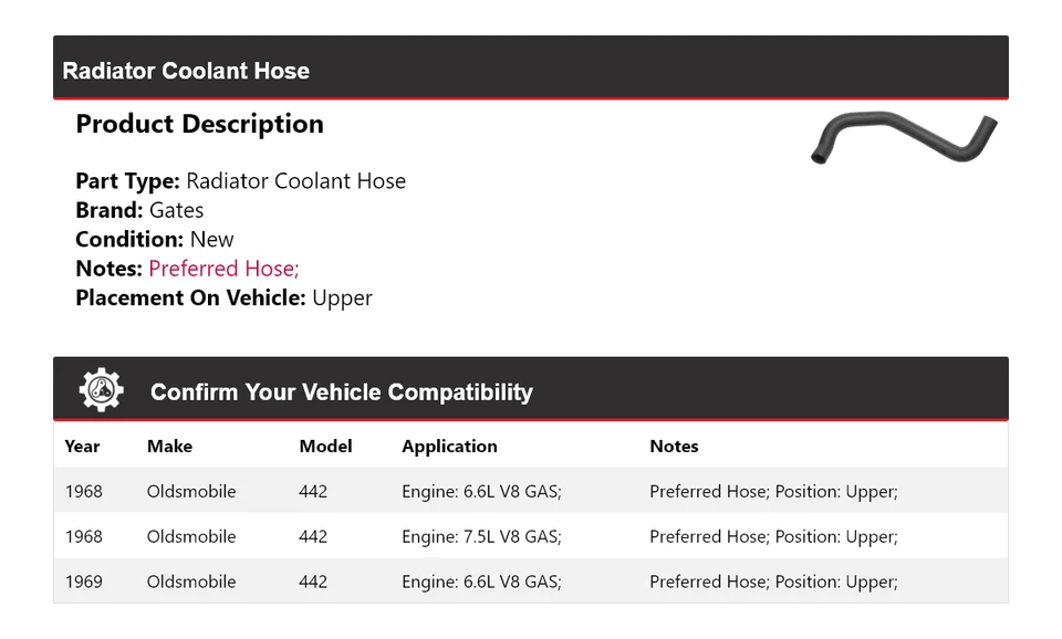 Manguera de refrigerante de radiador Oldsmobile 442 1968-1969 puertas superiores Foto 2 de 4