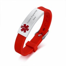 Customized Engrave Red Medical Alert Bracelet Rubber Tag Emergency For Children