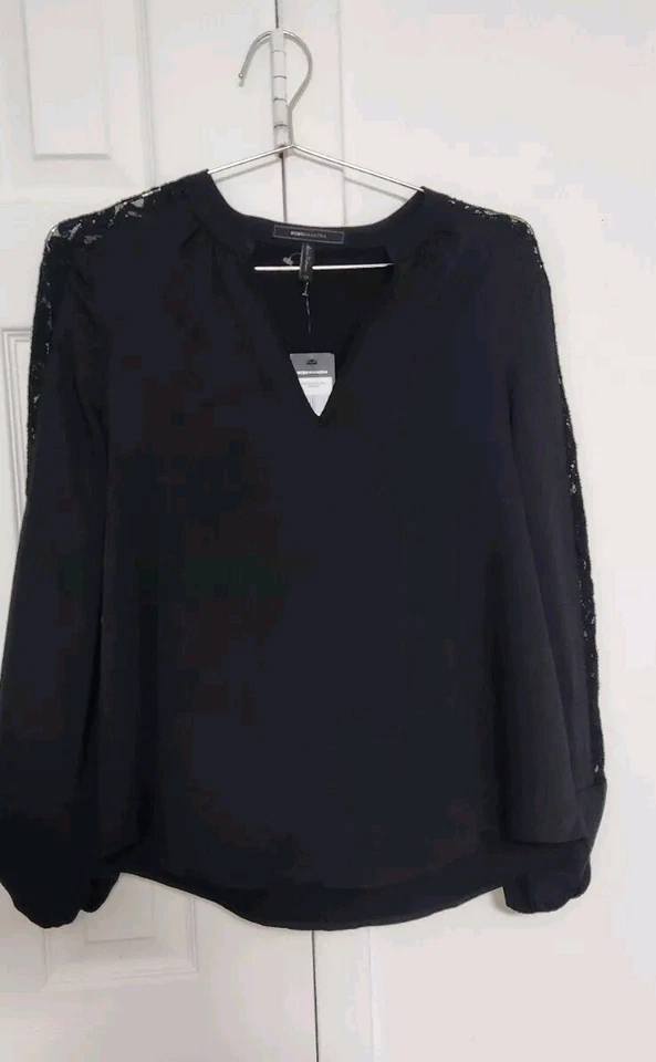 Blusa negra BCBGMAXAZR para mujer con panel de encaje manga campana talla X-pequeña 