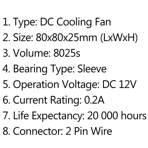 DC Brushless Cooling PC Computer Fan 12V 8025s 80x80x25mm 0.2A 2 Pin Wire PE - Afbeelding 6 van 6