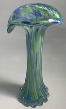 Hand Blown Glass Vase Stretched Murano Style Art Light Blue Green Drip 8  H