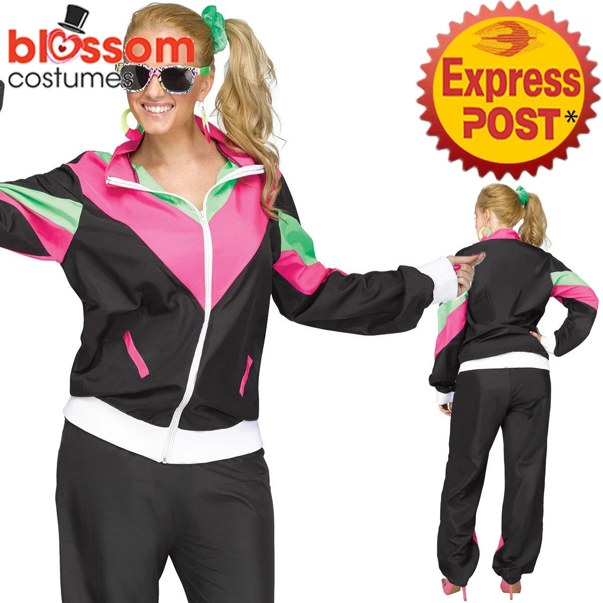 CA532 Womens 80s 90s Sweat Tracksuit Costume Shell Suit Retro