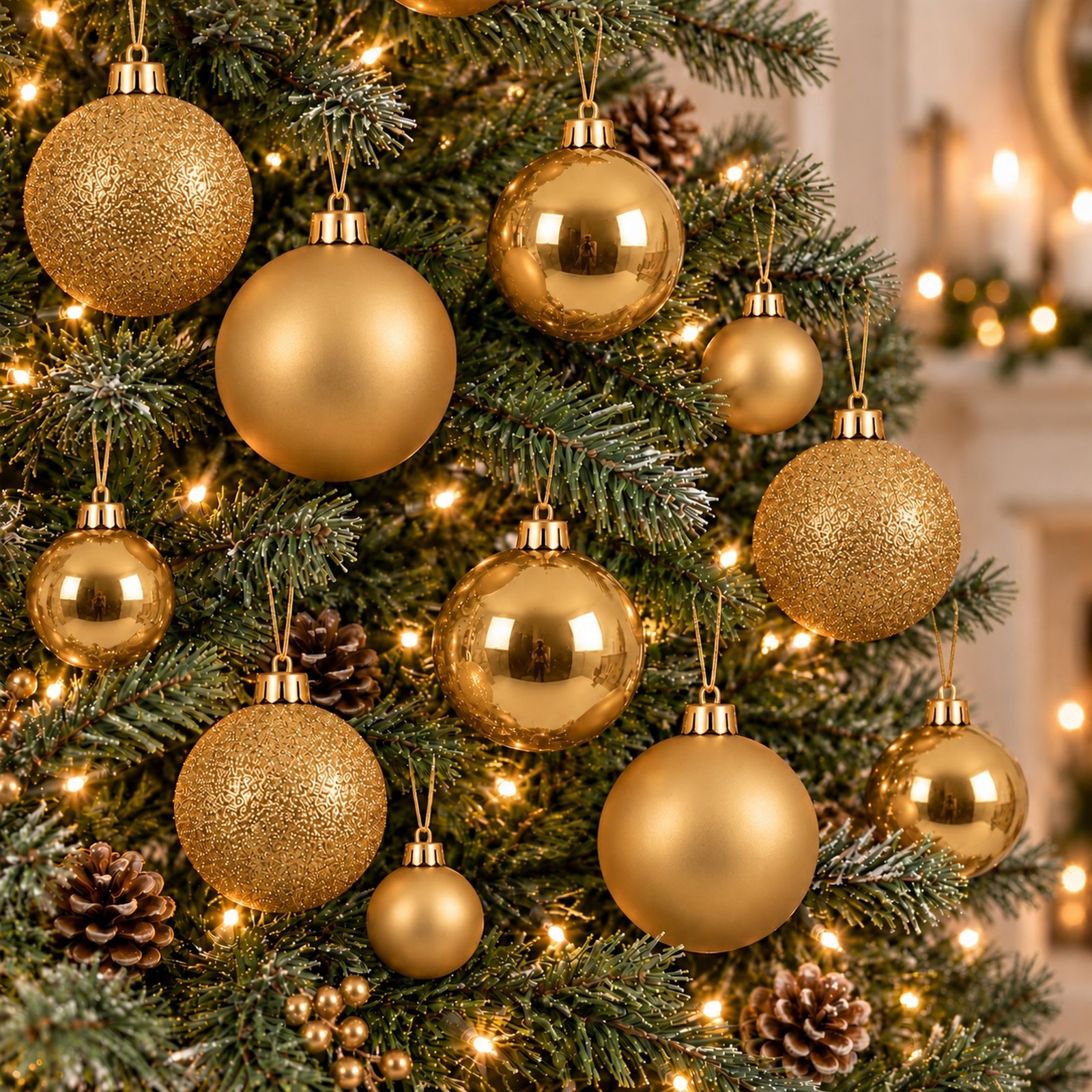 60 gold baubles - round bauble decorations - christmas tree hanging ornament - 4cm 40mm 5cm 50mm 6cm 60mm baubles - matt, glitter & gloss finish - tree wreath garland decorations - Image 2