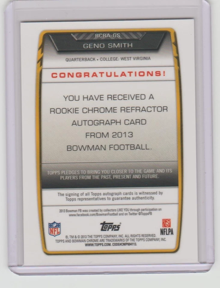 Geno Smith 2013 Bowman Chrome Rookie Auto Silver Refractor RC Seahawks / Raiders - Image 2 of 2