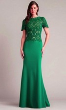 Tadashi Shoji Emerald Green Embroidered Short Sleeve Gown Size 8 478