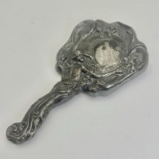 Antique Art Nouveau Hand Mirror Floral Motifs Woman Repoussé Design Silver Plate