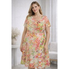 Tahari Women Winnie Dress Watercolor Floral Knot Front Short Sleeve Size 14W NWT