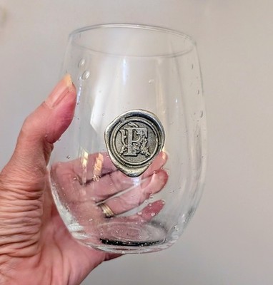 StemlessWine Glass Bubbles Monogram '' F '' In Pewter Hand Blown Southern Jubilee