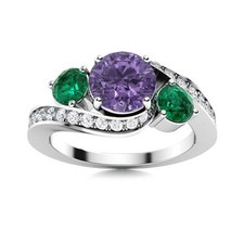 5MM Round Amethyst  Emerald Three Stone Women Wedding Ring 925 Sterling Silver